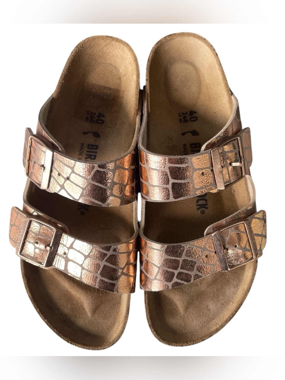 Birkenstock Arizona Gator Gleam Metallic Copper Sandals Ladies 9/40